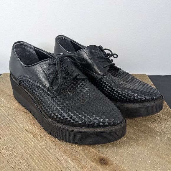 B2 Browns- black leather wedge oxfords Lafayette shoes size 7- chic & cozy! - Picture 2 of 9